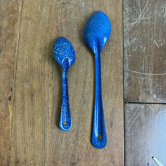 Vintage Blue White Speckled Enamel Graniteware Set of 2 Serving Cooking Spoons - Picture 4 of 7